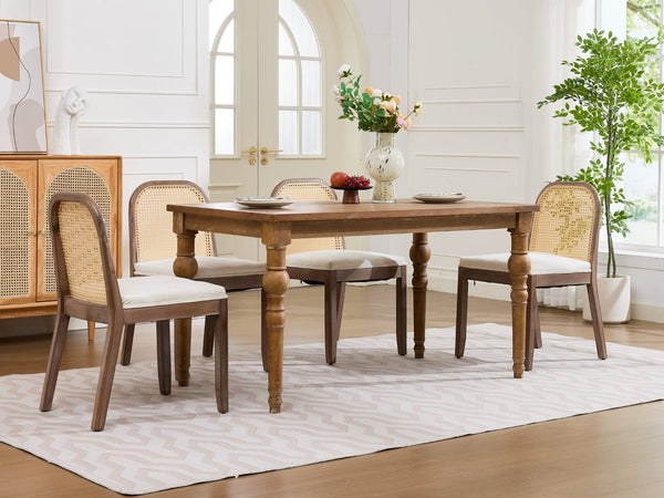 English Elm Set of 2 Rattan Back Dining Chairs Distressed Hardwood Frame Chenille Cushion Kitchen Beige W1143P494946
