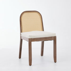 English Elm Set of 2 Rattan Back Dining Chairs Distressed Hardwood Frame Chenille Cushion Kitchen Beige W1143P494946