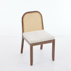 English Elm Set of 2 Rattan Back Dining Chairs Distressed Hardwood Frame Chenille Cushion Kitchen Beige W1143P494946