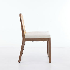 English Elm Set of 2 Rattan Back Dining Chairs Distressed Hardwood Frame Chenille Cushion Kitchen Beige W1143P494946
