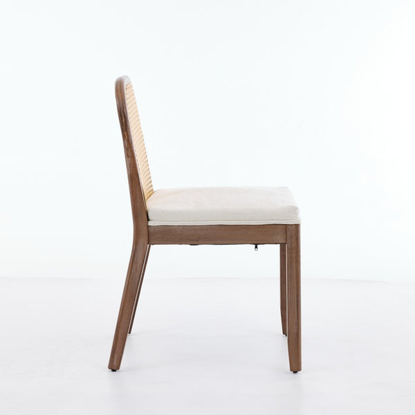 English Elm Set of 2 Rattan Back Dining Chairs Distressed Hardwood Frame Chenille Cushion Kitchen Beige W1143P494946