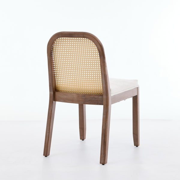 English Elm Set of 2 Rattan Back Dining Chairs Distressed Hardwood Frame Chenille Cushion Kitchen Beige W1143P494946