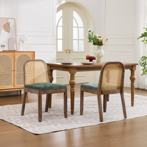 English Elm Set of 2 Rattan Back Dining Chairs Distressed Hardwood Frame Chenille Cushion Kitchen Olive Green W1143P494947