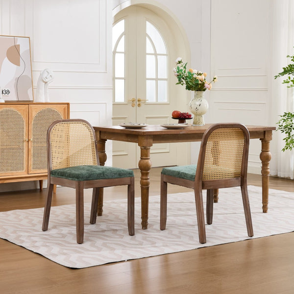 English Elm Set of 2 Rattan Back Dining Chairs Distressed Hardwood Frame Chenille Cushion Kitchen Olive Green W1143P494947