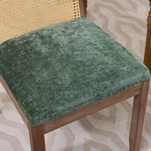 English Elm Set of 2 Rattan Back Dining Chairs Distressed Hardwood Frame Chenille Cushion Kitchen Olive Green W1143P494947