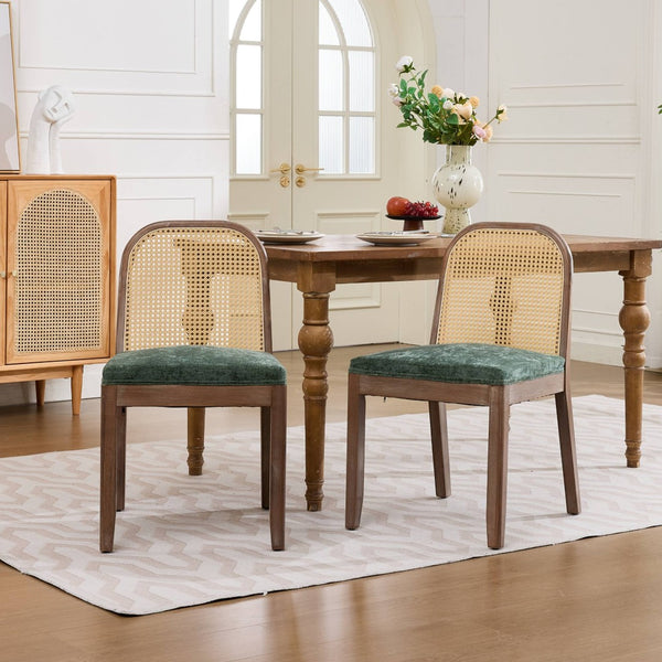 English Elm Set of 2 Rattan Back Dining Chairs Distressed Hardwood Frame Chenille Cushion Kitchen Olive Green W1143P494947