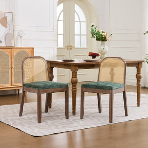 English Elm Set of 2 Rattan Back Dining Chairs Distressed Hardwood Frame Chenille Cushion Kitchen Olive Green W1143P494947