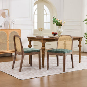 English Elm Set of 2 Rattan Back Dining Chairs Distressed Hardwood Frame Chenille Cushion Kitchen Olive Green W1143P494947