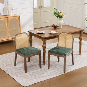 English Elm Set of 2 Rattan Back Dining Chairs Distressed Hardwood Frame Chenille Cushion Kitchen Olive Green W1143P494947