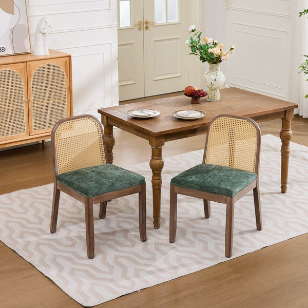 English Elm Set of 2 Rattan Back Dining Chairs Distressed Hardwood Frame Chenille Cushion Kitchen Olive Green W1143P494947