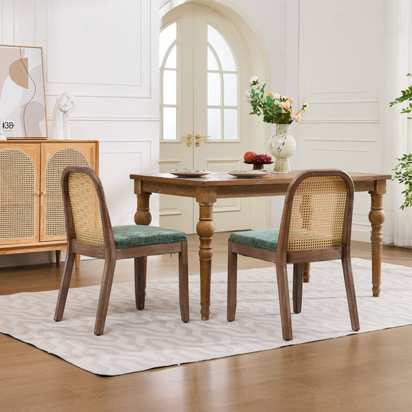 English Elm Set of 2 Rattan Back Dining Chairs Distressed Hardwood Frame Chenille Cushion Kitchen Olive Green W1143P494947