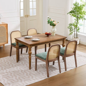English Elm Set of 2 Rattan Back Dining Chairs Distressed Hardwood Frame Chenille Cushion Kitchen Olive Green W1143P494947