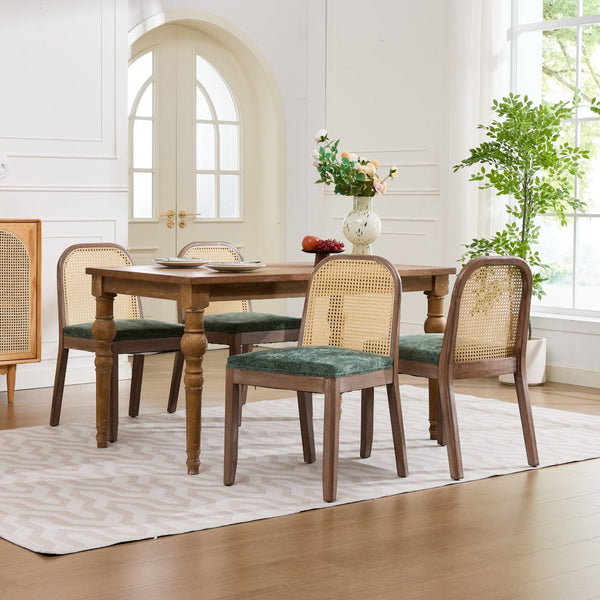 English Elm Set of 2 Rattan Back Dining Chairs Distressed Hardwood Frame Chenille Cushion Kitchen Olive Green W1143P494947
