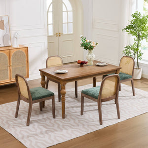 English Elm Set of 2 Rattan Back Dining Chairs Distressed Hardwood Frame Chenille Cushion Kitchen Olive Green W1143P494947