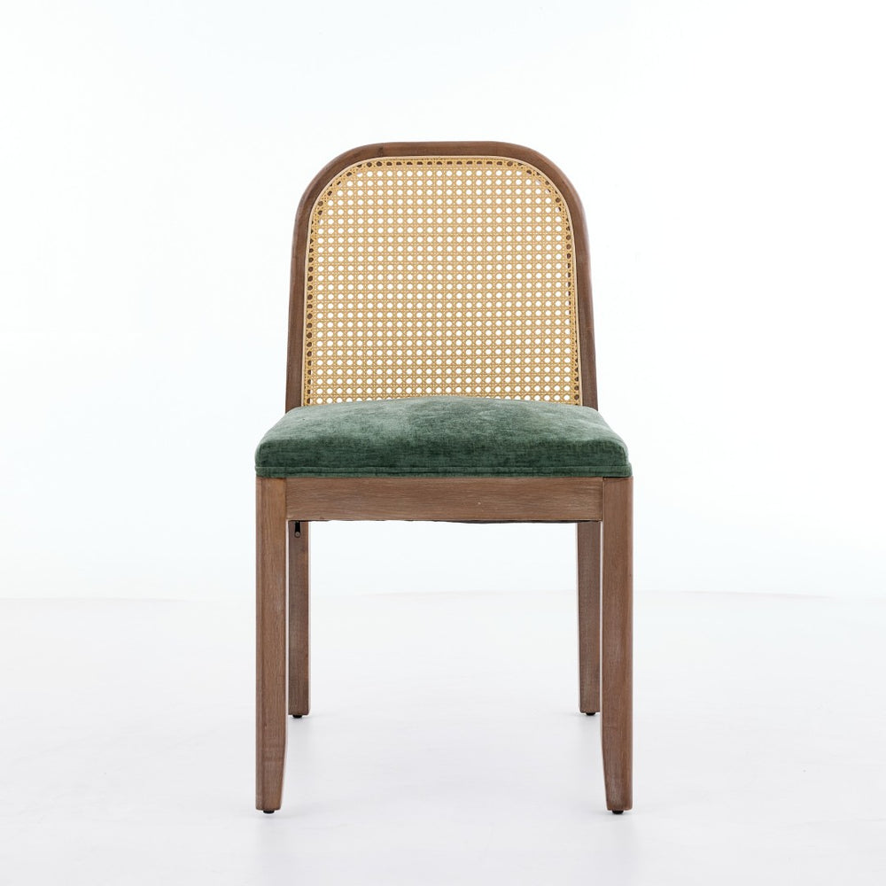 English Elm Set of 2 Rattan Back Dining Chairs Distressed Hardwood Frame Chenille Cushion Kitchen Olive Green W1143P494947