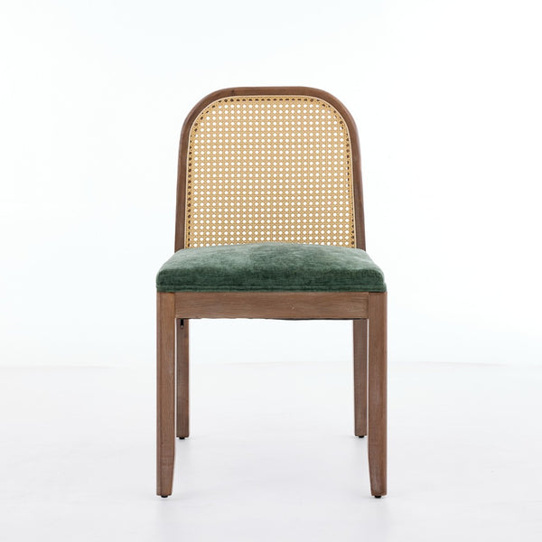 English Elm Set of 2 Rattan Back Dining Chairs Distressed Hardwood Frame Chenille Cushion Kitchen Olive Green W1143P494947