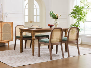 English Elm Set of 2 Rattan Back Dining Chairs Distressed Hardwood Frame Chenille Cushion Kitchen Olive Green W1143P494947