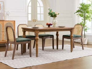 English Elm Set of 2 Rattan Back Dining Chairs Distressed Hardwood Frame Chenille Cushion Kitchen Olive Green W1143P494947