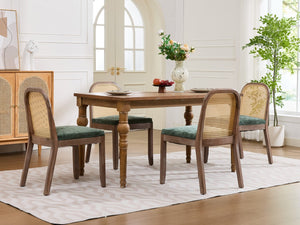 English Elm Set of 2 Rattan Back Dining Chairs Distressed Hardwood Frame Chenille Cushion Kitchen Olive Green W1143P494947