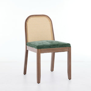 English Elm Set of 2 Rattan Back Dining Chairs Distressed Hardwood Frame Chenille Cushion Kitchen Olive Green W1143P494947