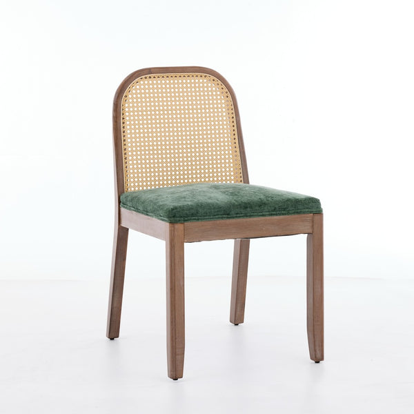 English Elm Set of 2 Rattan Back Dining Chairs Distressed Hardwood Frame Chenille Cushion Kitchen Olive Green W1143P494947