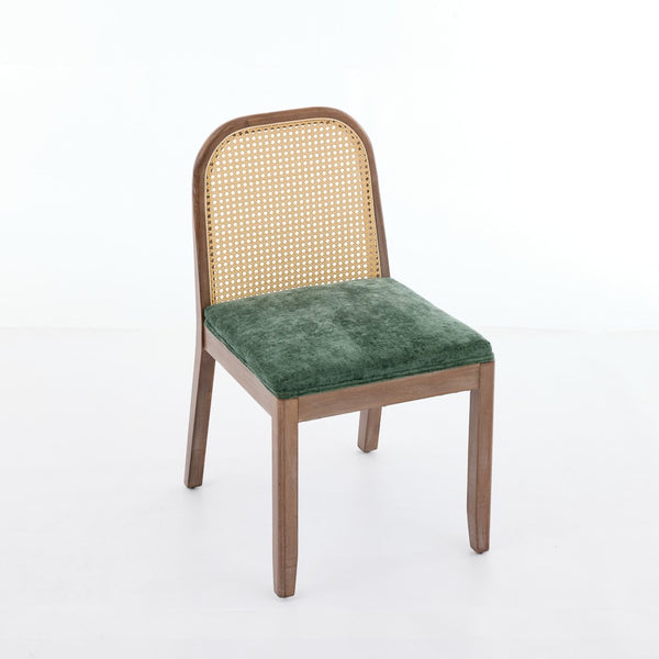 English Elm Set of 2 Rattan Back Dining Chairs Distressed Hardwood Frame Chenille Cushion Kitchen Olive Green W1143P494947