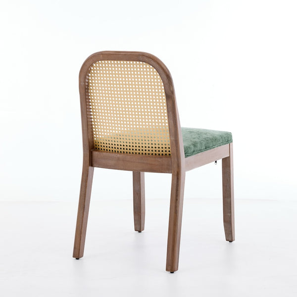English Elm Set of 2 Rattan Back Dining Chairs Distressed Hardwood Frame Chenille Cushion Kitchen Olive Green W1143P494947