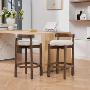 English Elm Set of 2 Mid-century Swivel Counterstools Solid Wood Frame Linen Seat Kitchen Island Beige W1143P494948