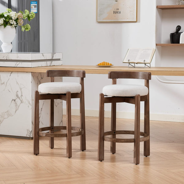 English Elm Set of 2 Mid-century Swivel Counterstools Solid Wood Frame Linen Seat Kitchen Island Beige W1143P494948