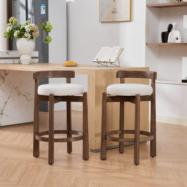 English Elm Set of 2 Mid-century Swivel Counterstools Solid Wood Frame Linen Seat Kitchen Island Beige W1143P494948