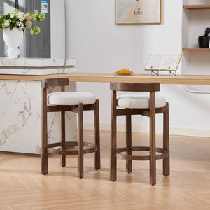 English Elm Set of 2 Mid-century Swivel Counterstools Solid Wood Frame Linen Seat Kitchen Island Beige W1143P494948