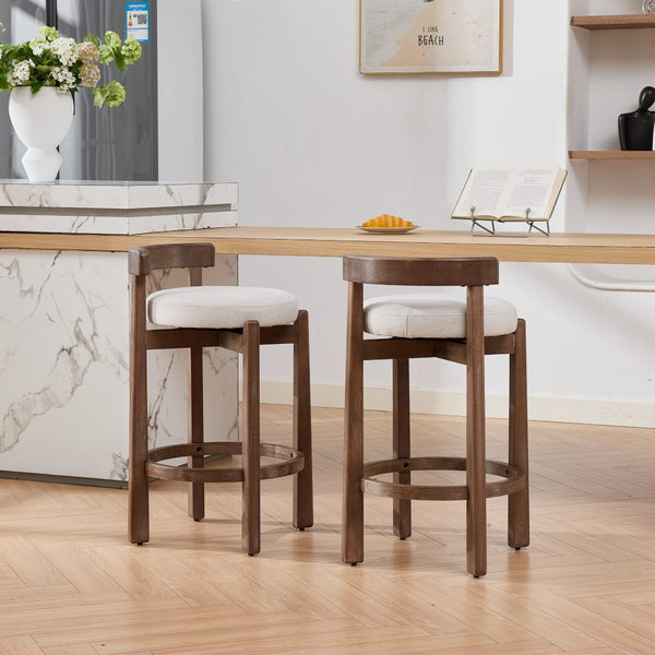 English Elm Set of 2 Mid-century Swivel Counterstools Solid Wood Frame Linen Seat Kitchen Island Beige W1143P494948