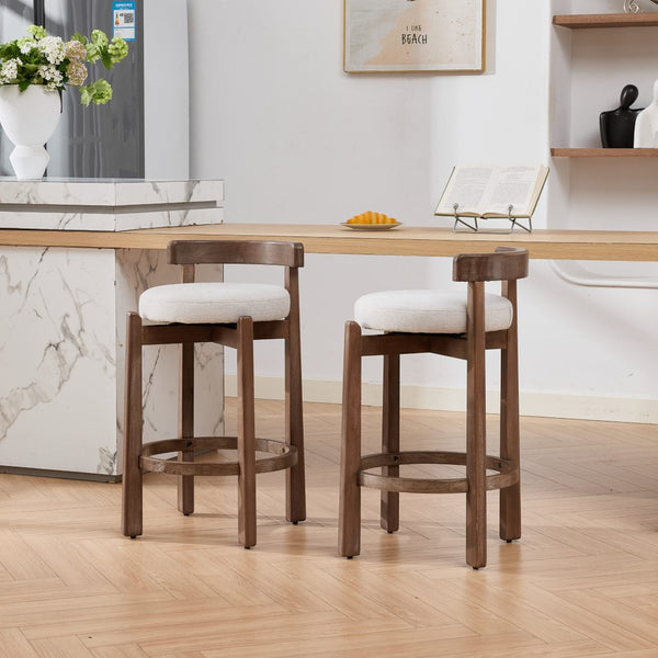 English Elm Set of 2 Mid-century Swivel Counterstools Solid Wood Frame Linen Seat Kitchen Island Beige W1143P494948