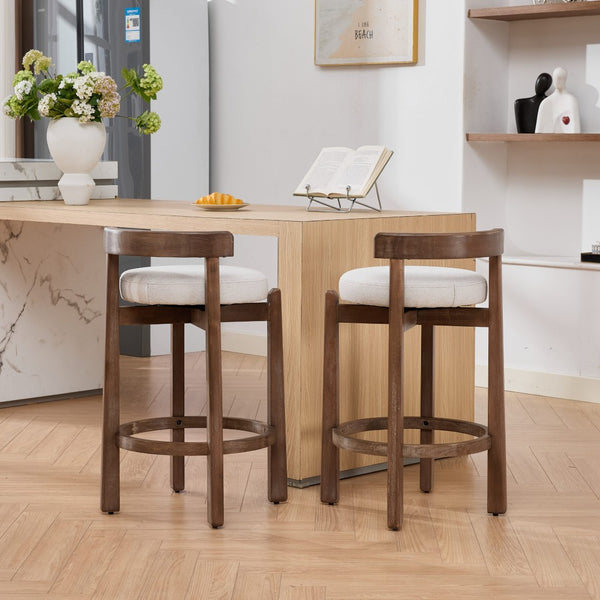 English Elm Set of 2 Mid-century Swivel Counterstools Solid Wood Frame Linen Seat Kitchen Island Beige W1143P494948