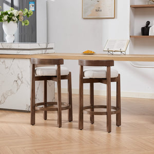 English Elm Set of 2 Mid-century Swivel Counterstools Solid Wood Frame Linen Seat Kitchen Island Beige W1143P494948