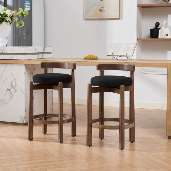 English Elm Set of 2 Mid-century Swivel Counterstools Solid Wood Frame Linen Seat Kitchen Island Black W1143P494949