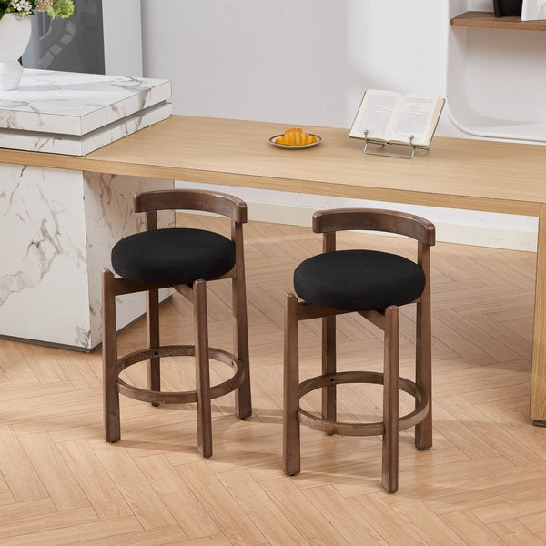 English Elm Set of 2 Mid-century Swivel Counterstools Solid Wood Frame Linen Seat Kitchen Island Black W1143P494949