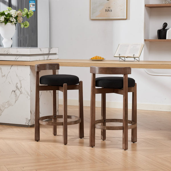 English Elm Set of 2 Mid-century Swivel Counterstools Solid Wood Frame Linen Seat Kitchen Island Black W1143P494949