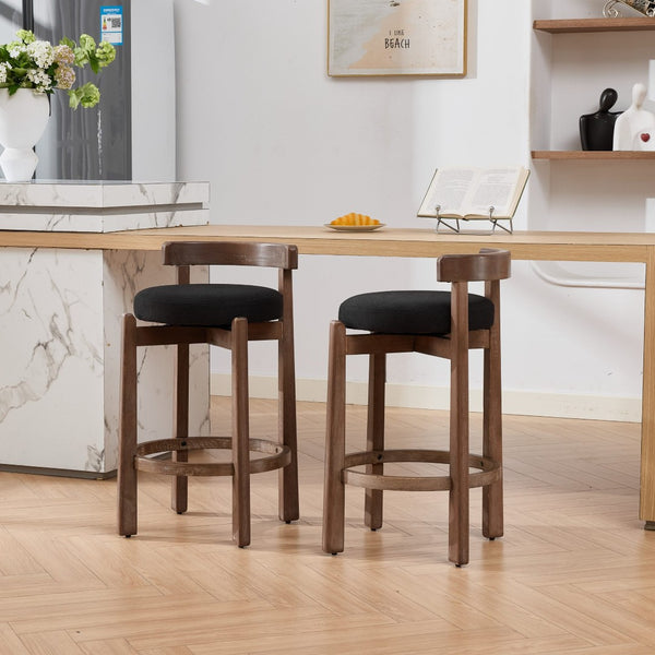 English Elm Set of 2 Mid-century Swivel Counterstools Solid Wood Frame Linen Seat Kitchen Island Black W1143P494949