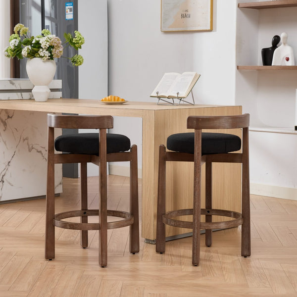 English Elm Set of 2 Mid-century Swivel Counterstools Solid Wood Frame Linen Seat Kitchen Island Black W1143P494949