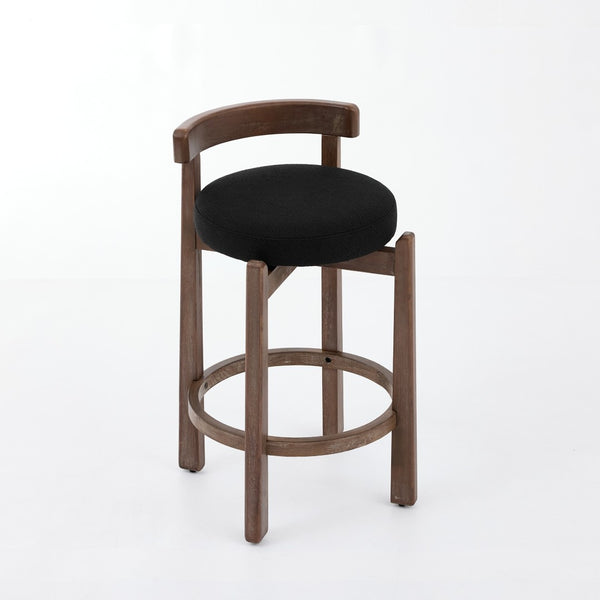 English Elm Set of 2 Mid-century Swivel Counterstools Solid Wood Frame Linen Seat Kitchen Island Black W1143P494949