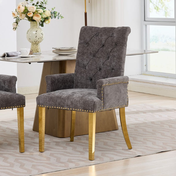 English Elm Upholstered Wingback Dining Armchair Chenille Tufted Nailhead Trim Steel Legs Gray W1143P533622