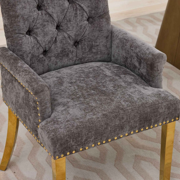 English Elm Upholstered Wingback Dining Armchair Chenille Tufted Nailhead Trim Steel Legs Gray W1143P533622