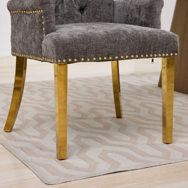 English Elm Upholstered Wingback Dining Armchair Chenille Tufted Nailhead Trim Steel Legs Gray W1143P533622