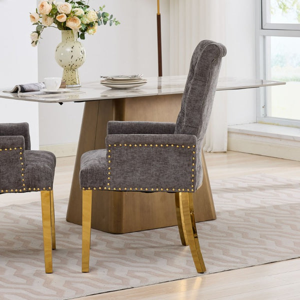 English Elm Upholstered Wingback Dining Armchair Chenille Tufted Nailhead Trim Steel Legs Gray W1143P533622