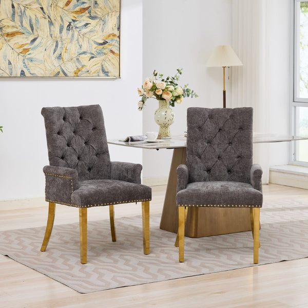 English Elm Upholstered Wingback Dining Armchair Chenille Tufted Nailhead Trim Steel Legs Gray W1143P533622