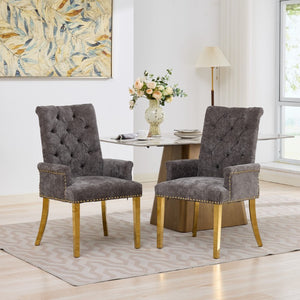 English Elm Upholstered Wingback Dining Armchair Chenille Tufted Nailhead Trim Steel Legs Gray W1143P533622
