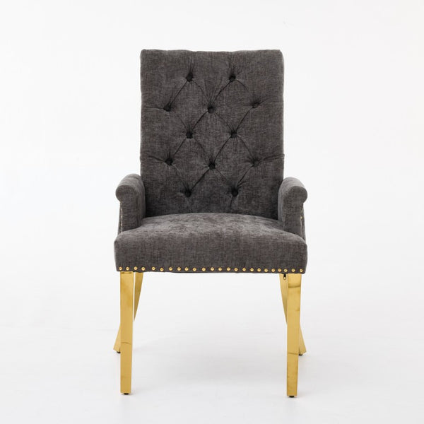 English Elm Upholstered Wingback Dining Armchair Chenille Tufted Nailhead Trim Steel Legs Gray W1143P533622