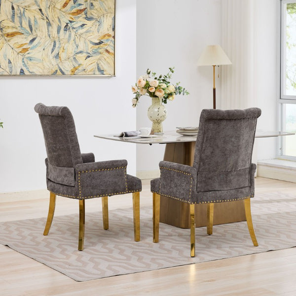 English Elm Upholstered Wingback Dining Armchair Chenille Tufted Nailhead Trim Steel Legs Gray W1143P533622