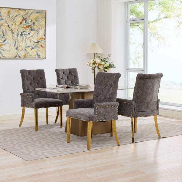 English Elm Upholstered Wingback Dining Armchair Chenille Tufted Nailhead Trim Steel Legs Gray W1143P533622